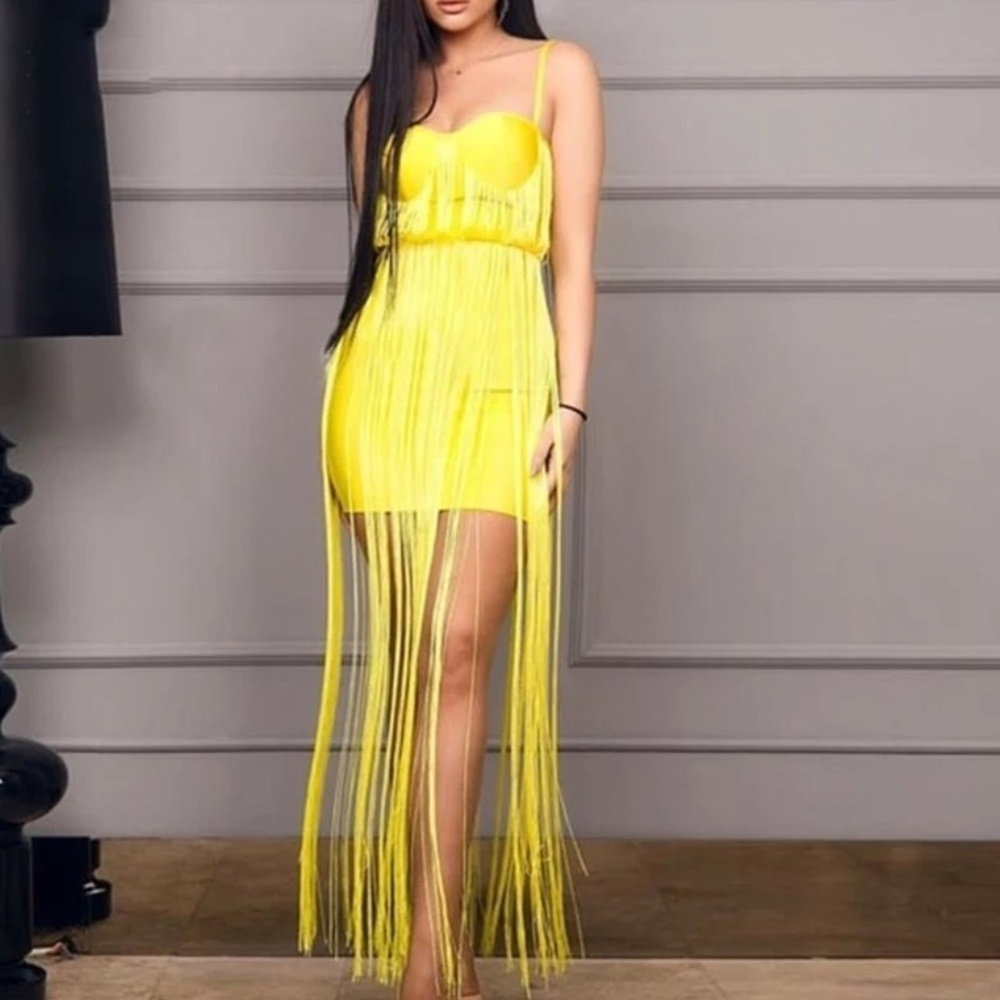Sleeveless Maxi Tassels Evening Bandage Dress